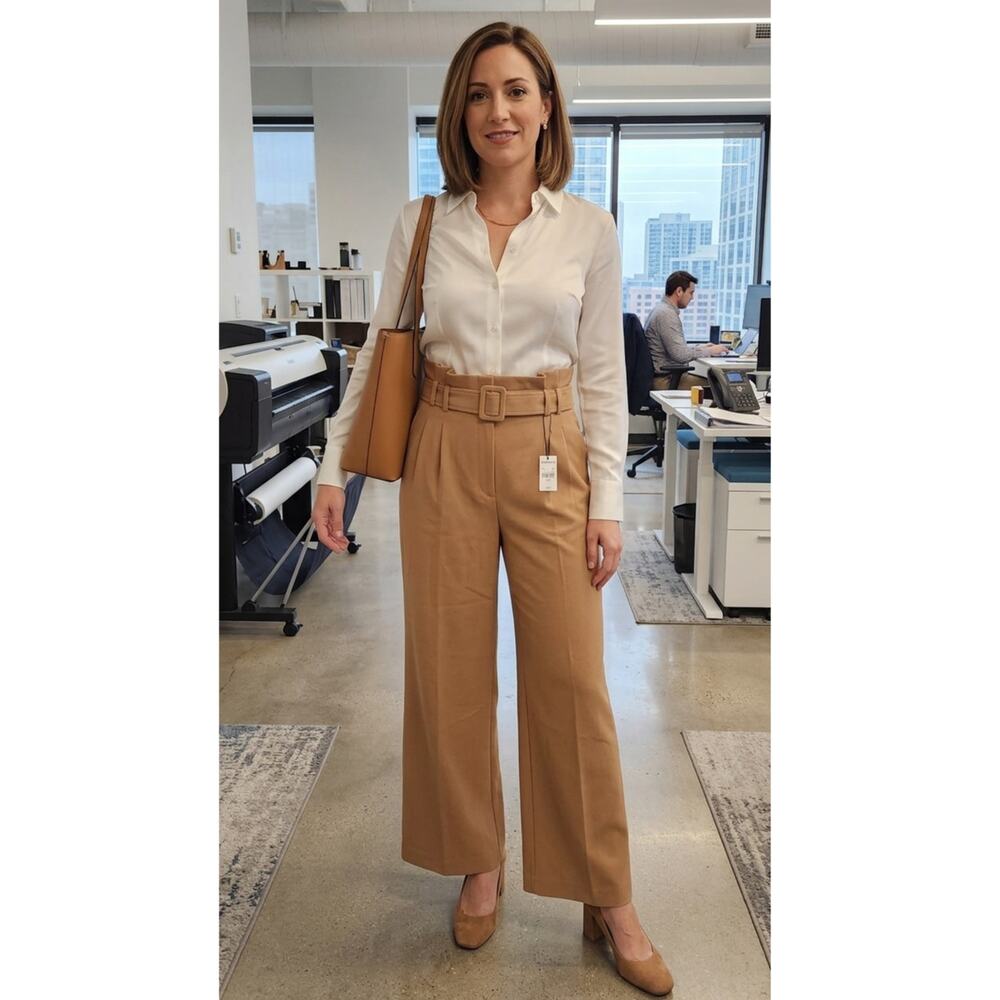 New NWT Express Tan Wide Leg Paper Bag Top Pants Size 12 R Casual Office